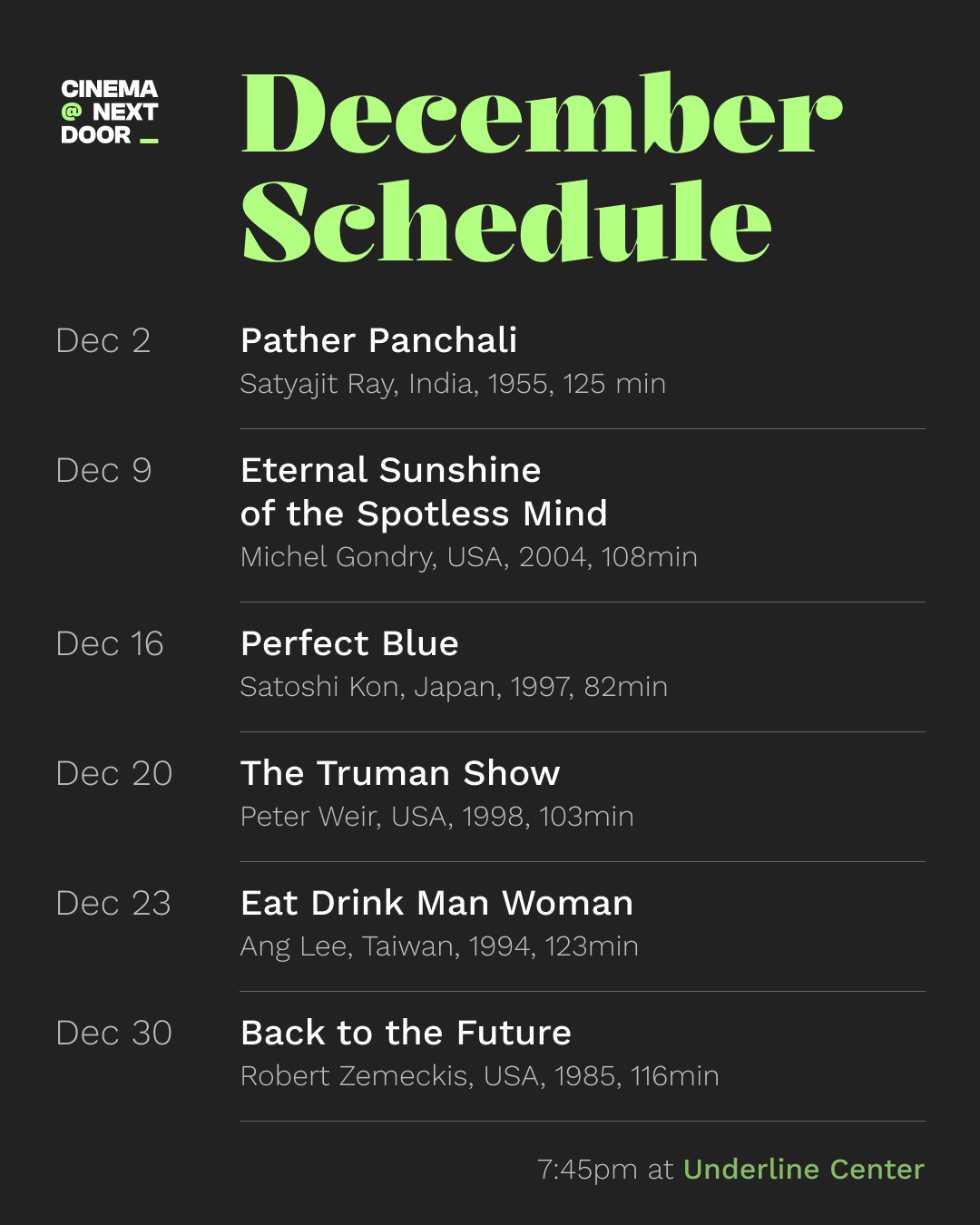 Cinema Next Door, screening schedule for December